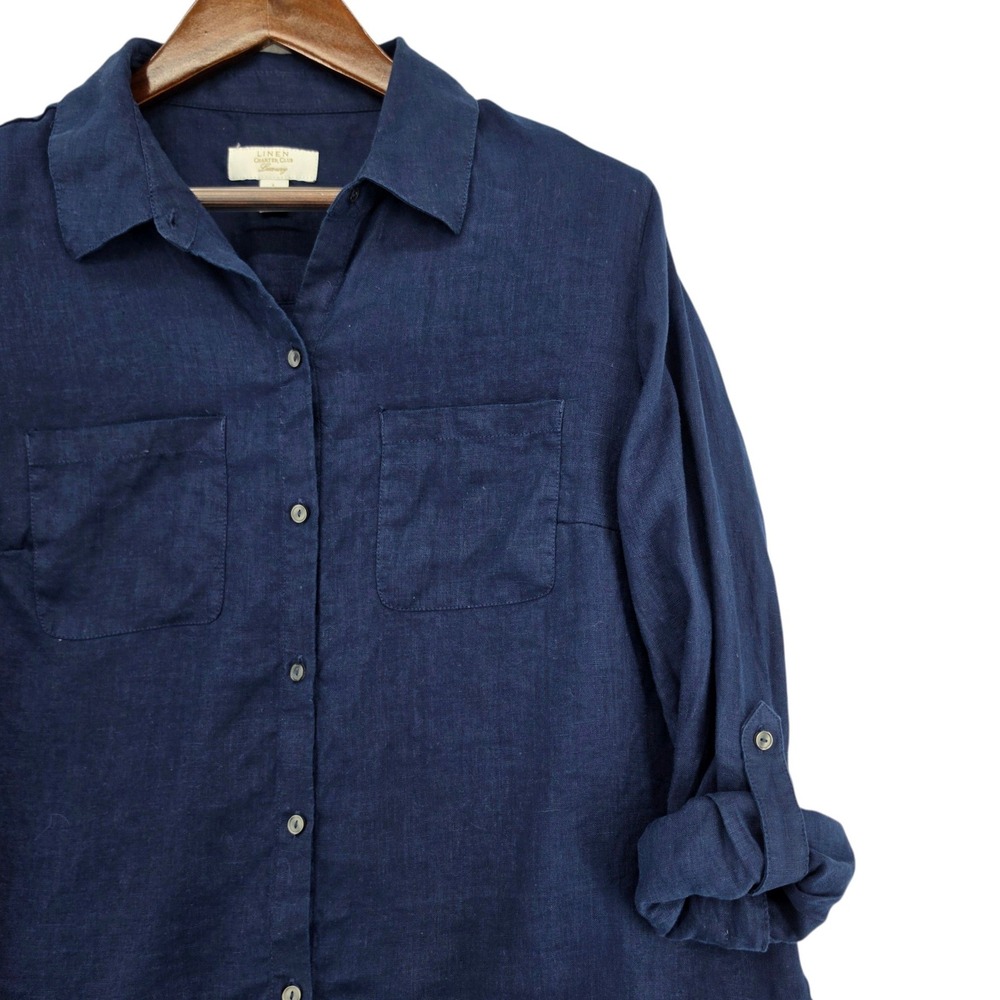 Charter Club 100% Linen Navy Button Shirt Large Roll Tab Coastal Luxury Top